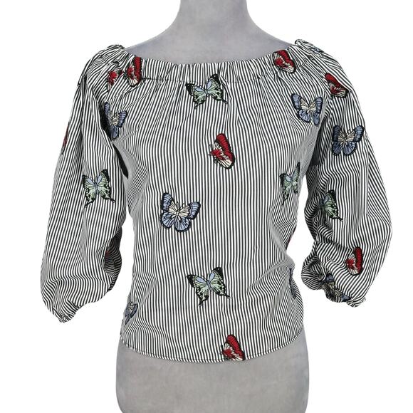 Zara Top Womens XS White Gray Stripe Blouse Embroidered Butterflies Whimsy Boho - Picture 3 of 16